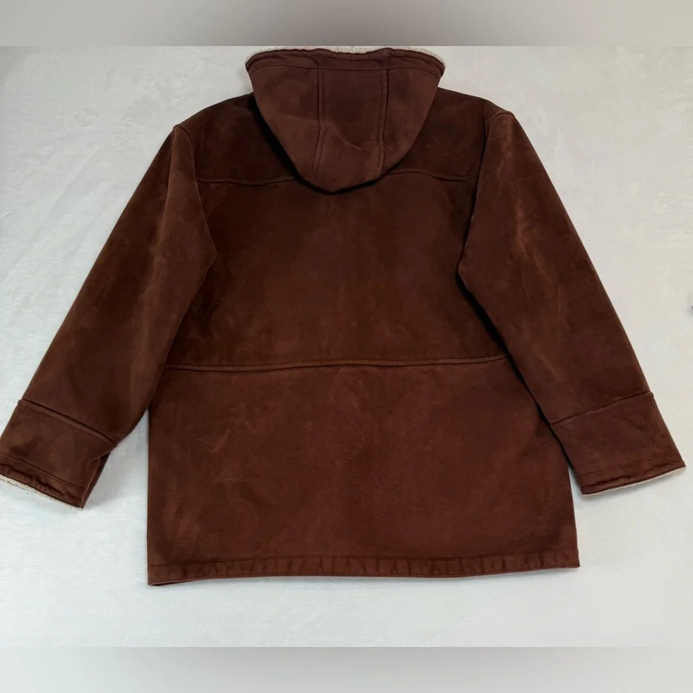 Ralph Lauren Duffle Coat Petite Medium Brown Faux Suede Sherpa Lined Hood Toggl
